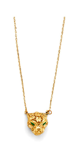 14K Yellow Gold Green CZ Panther Necklace