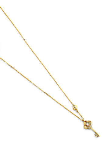 14K Yellow Gold CZ Heart And Key Necklace