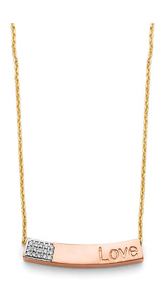 14K Tri Color Gold CZ Curved Love Pink Bar Necklace