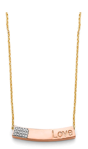 14K Tri Color Gold CZ Curved Love Pink Bar Necklace