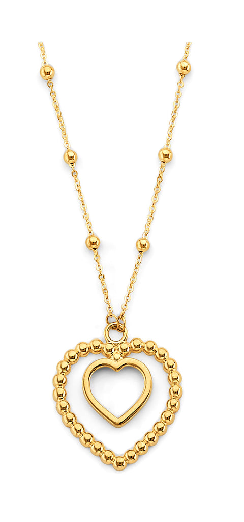 14K Yellow Gold 2 Heart Pendants Bead Necklace