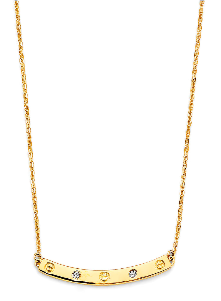 14K Yellow Gold Curved Bar With CZ And Screw Necklace