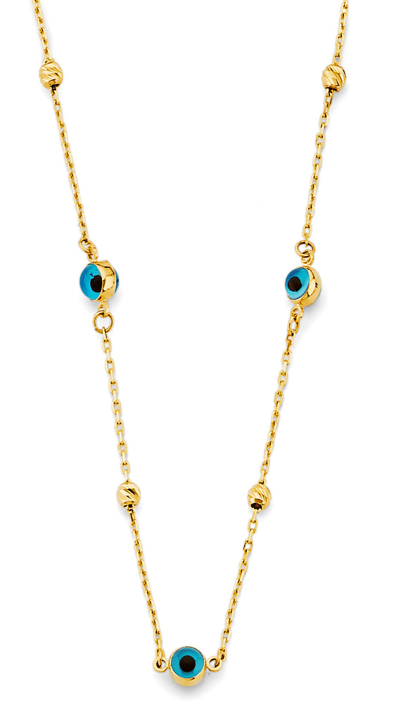 14K Yellow Gold Sky Blue Color Evil Eye Necklace