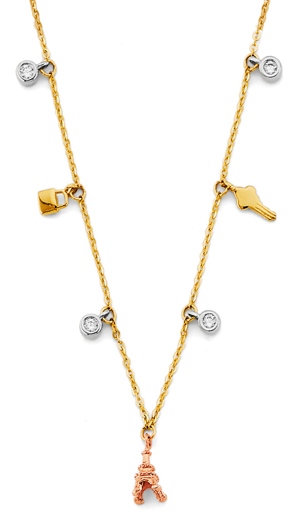 14K Tri Color Gold Charm CZ Necklace