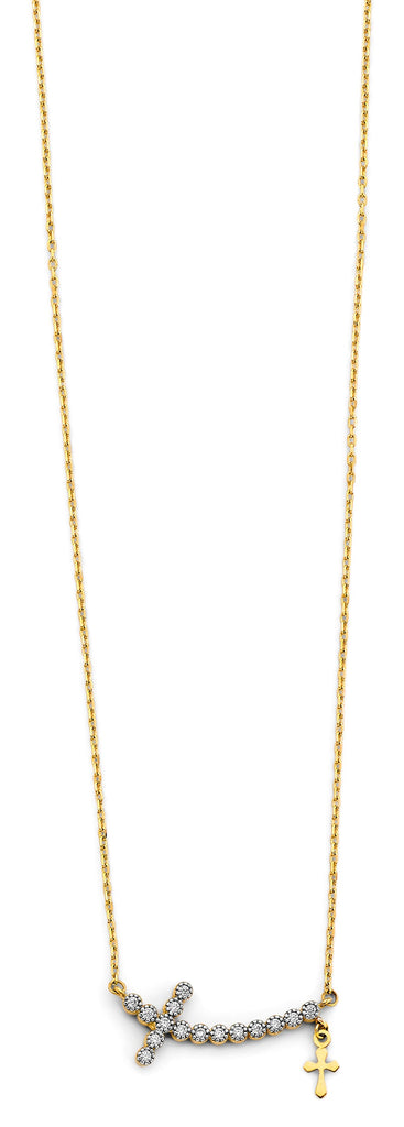 14K Two Tone Gold Double Cross CZ Necklace