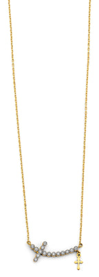 14K Two Tone Gold Double Cross CZ Necklace