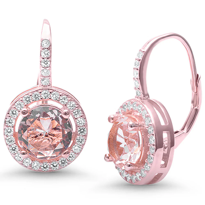 Sterling Silver Morganite Round Halo CZ Drop Dangle Earrings