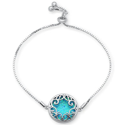 Sterling Silver Round Blue Opal Celtic Design Adjustable Toggle Bola Bracelet