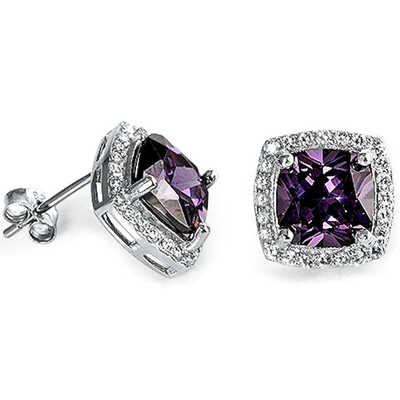 Sterling Silver Cushion Cut Amethyst And Cubic Zirconia Earrings