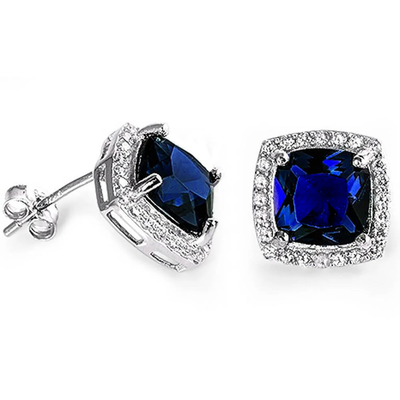 Sterling Silver Cushion Cut Blue Sapphire And Cubic Zirconia Earrings
