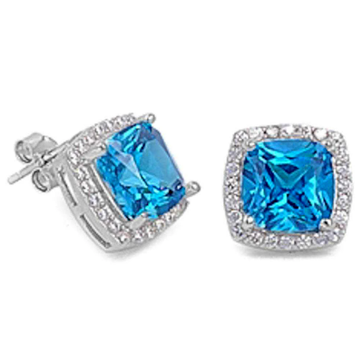 Sterling Silver Cushion Cut Blue Topaz And Cubic Zirconia Earrings