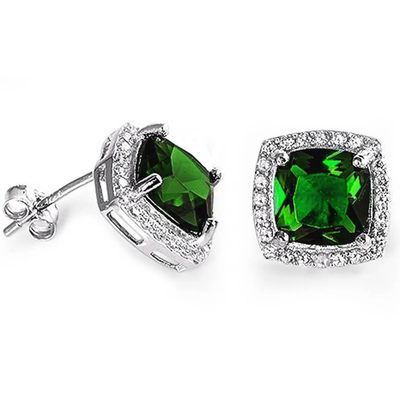 Sterling Silver Cushion Cut Green Emerald And Cubic Zirconia Earrings