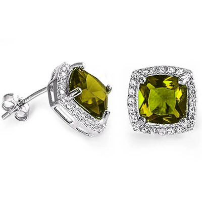 Sterling Silver Cushion Cut Peridot And Cubic Zirconia Earrings