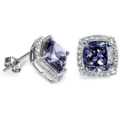 Sterling Silver Halo Design Cushion Cut Tanzanite And Cubic Zirconia Earrings