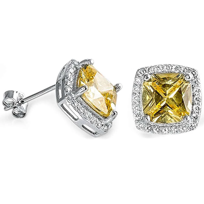 Sterling Silver Cushion Cut Yellow And White Cubic Zirconia Earrings