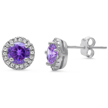 Load image into Gallery viewer, Sterling Silver Halo Amethyst And Clear CZ Stud Earrings