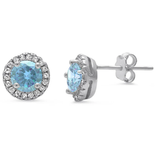 Load image into Gallery viewer, Sterling Silver Halo Aquamarine And Clear CZ Stud Earrings