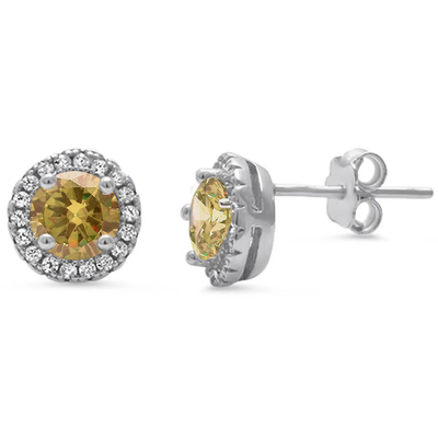 Sterling Silver Halo Champagne And Clear CZ Stud Earrings