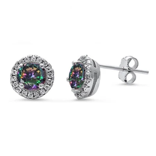 Load image into Gallery viewer, Sterling Silver Halo Rainbow And Clear CZ Stud Earrings
