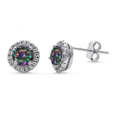 Sterling Silver Halo Rainbow And Clear CZ Stud Earrings