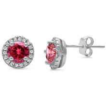 Load image into Gallery viewer, Sterling Silver Halo Ruby And Clear CZ Stud Earrings