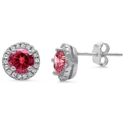 Sterling Silver Halo Ruby And Clear CZ Stud Earrings
