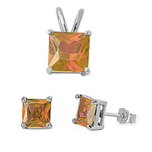 Load image into Gallery viewer, Sterling Silver Square Champagne CZ Earrings And Pendant Set