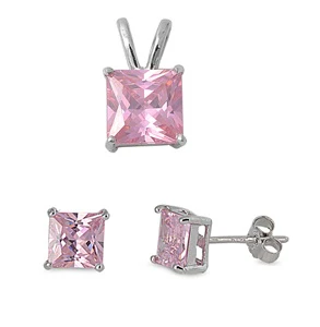 Sterling Silver Square Pink CZ Earrings And Pendant Set