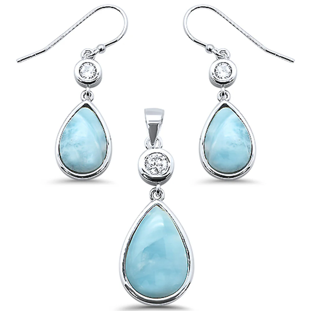 Sterling Silver Pear Shape Natural Larimar And Cubic Zirconia Pendant And Earrings Set