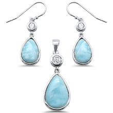 Load image into Gallery viewer, Sterling Silver Pear Shape Natural Larimar And Cubic Zirconia Pendant And Earrings Set