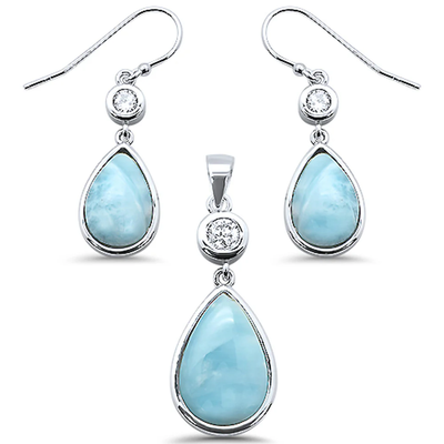 Sterling Silver Pear Shape Natural Larimar And Cubic Zirconia Pendant And Earrings Set