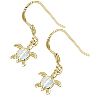 Sterling Silver Yellow Gold Plated White Opal Turtle Earrings