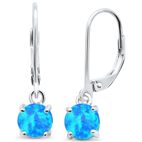 Sterling Silver Round Blue Opal Lever Back Earrings