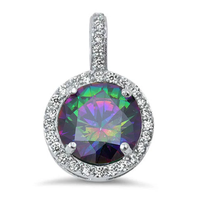 Sterling Silver Halo Rainbow Topaz And Clear Cubic Zirconia Pendant