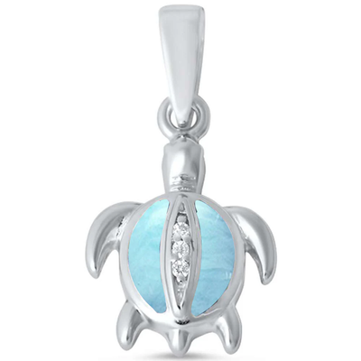 Sterling Silver Natural Larimar And CZ Turtle Pendant