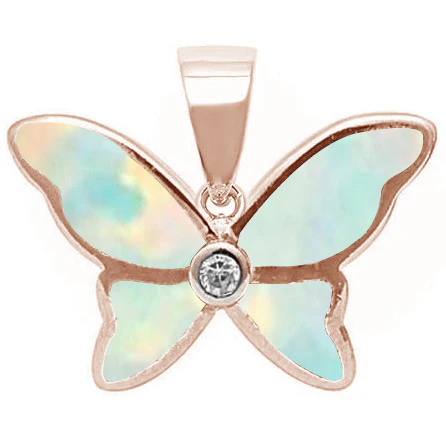 Sterling Silver Rose Gold Plated White Opal And Cubic Zirconia Butterfly Pendant