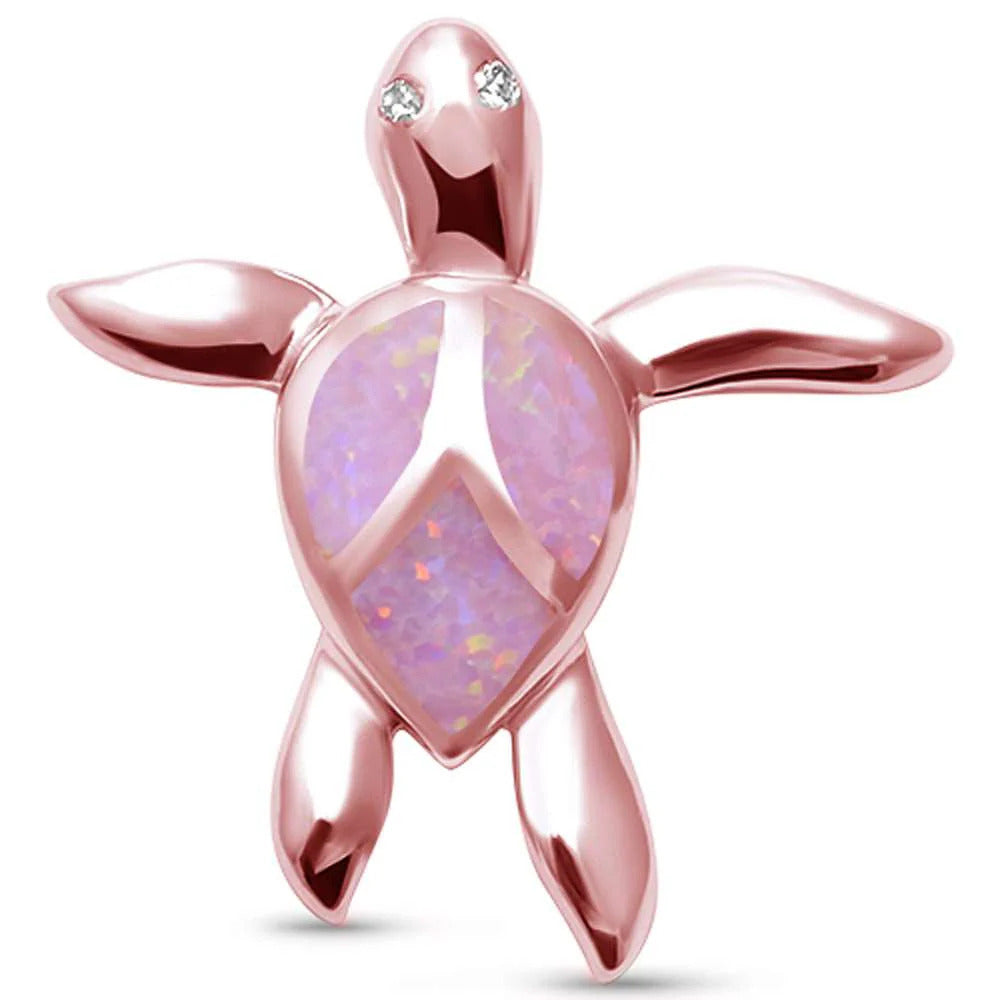 Sterling Silver Pink Lab Opal Turtle Pendant