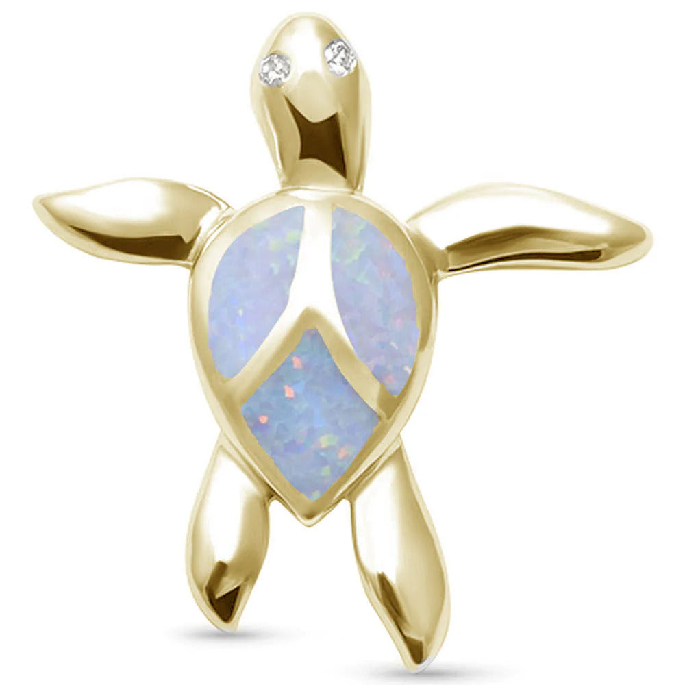 Sterling Silver Yellow Gold White Lab Opal Turtle Pendant