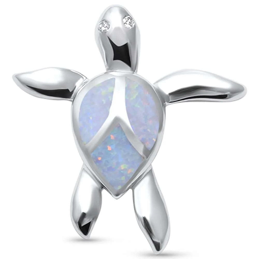 Sterling Silver White Lab Opal Turtle Pendant