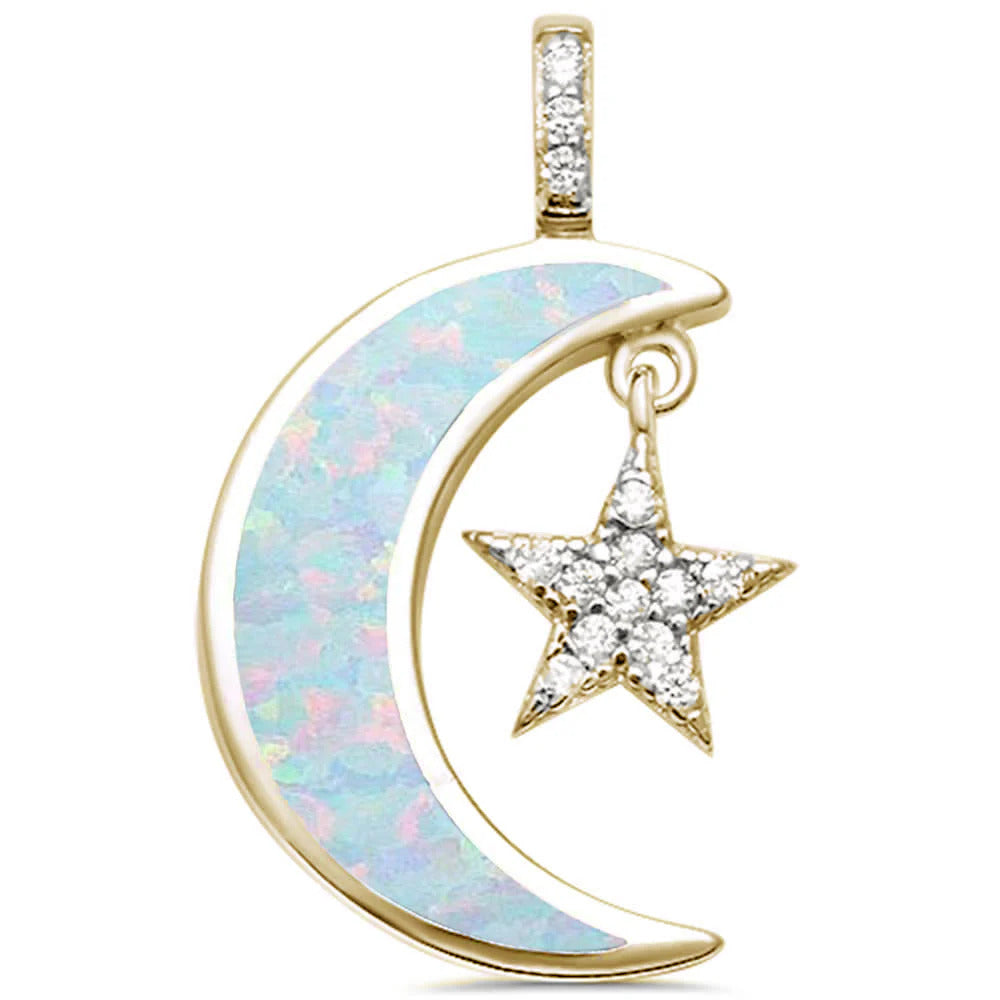 Sterling Silver Yellow Gold Created White Opal Crescent Moon and Star CZ Pendant