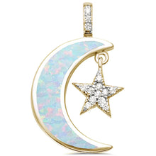 Load image into Gallery viewer, Sterling Silver Yellow Gold Created White Opal Crescent Moon and Star CZ Pendant