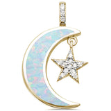 Sterling Silver Yellow Gold Created White Opal Crescent Moon and Star CZ Pendant