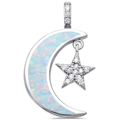 Sterling Silver White Opal Crescent Moon and Star CZ Pendant