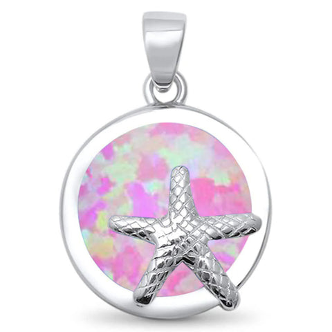 Sterling Silver Round Pink Lab Opal Starfish Pendant