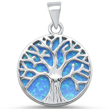 Load image into Gallery viewer, Sterling Silver Round Blue Lab Opal Tree Of Life Pendant