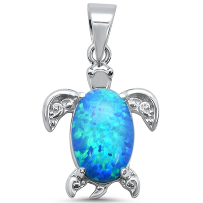 Sterling Silver Blue Opal Turtle Charm Pendant