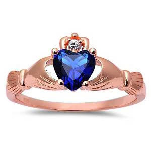 Sterling Silver Rose Gold Plated Blue Sapphire And CZ Heart Claddagh Ring