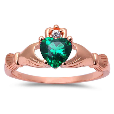 Sterling Silver Rose Gold Plated Green Emerald And CZ Heart Claddagh Ring