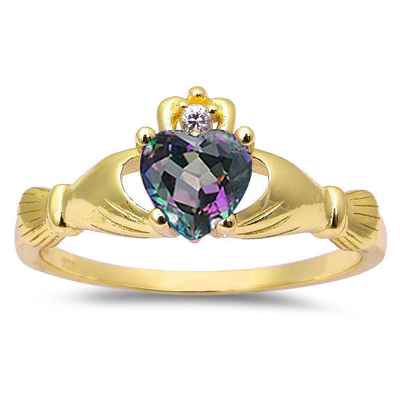 Sterling Silver Yellow Gold Plated Rainbow Topaz And CZ Heart Claddagh Ring