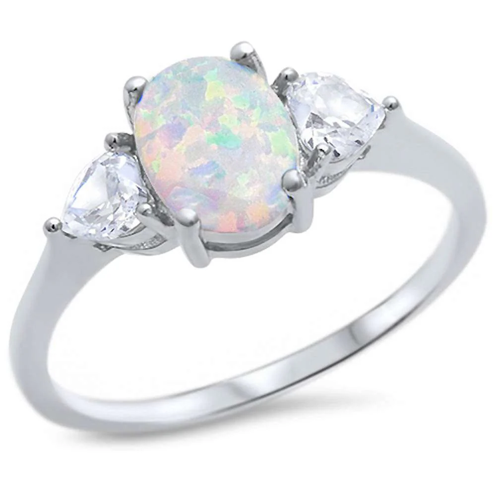 Sterling Silver Oval White Opal And Heart Clear CZ Ring